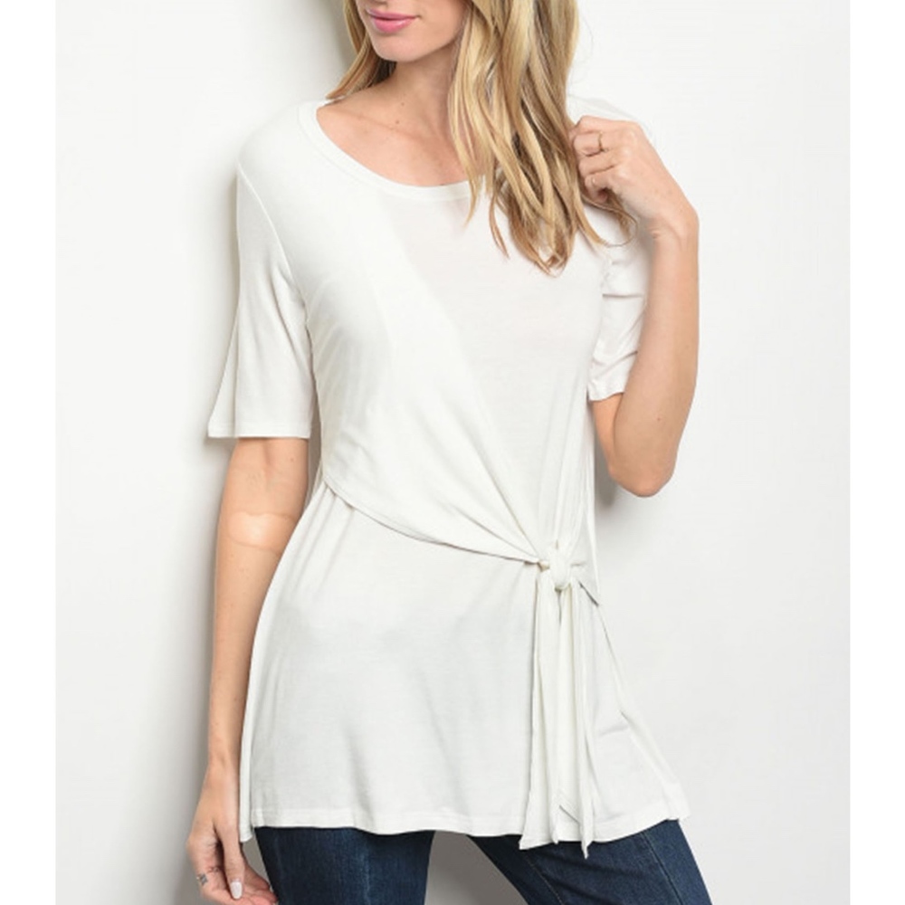 White Short Sleeve Scoop Neck Knot Jersey Tunic